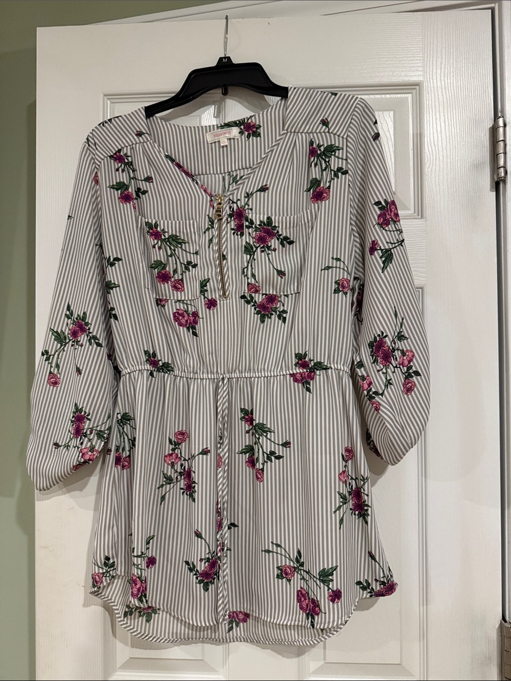 Beautiful Striped Floral Tunic Blouse with Striped/Pink Roses